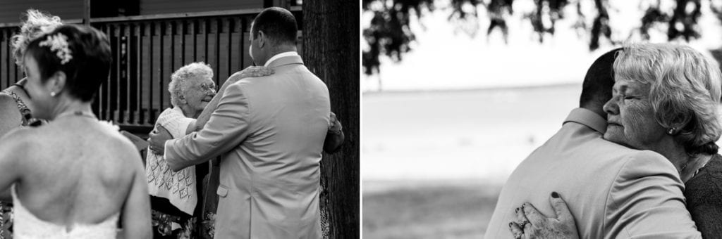 groom with mom and grandmother at intimate lakeside wedding