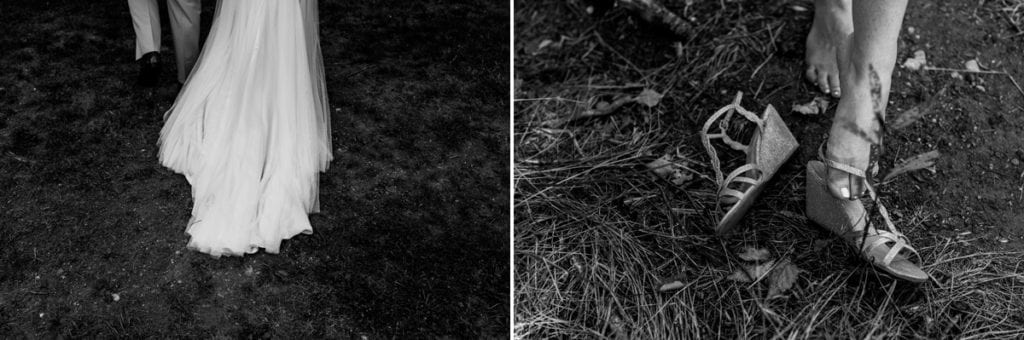 bride's train in grass and wedge wedding shoes