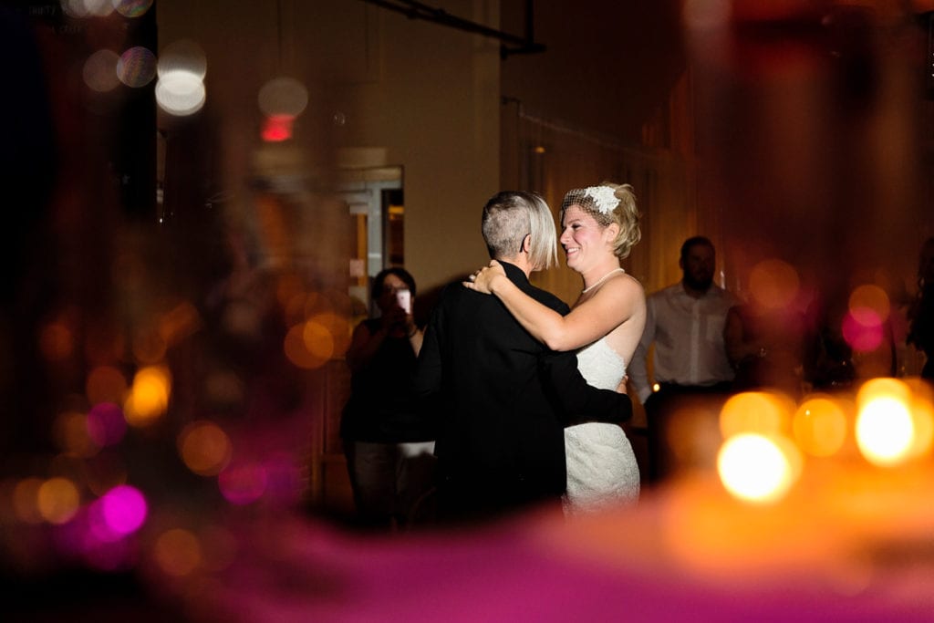 edgy bride dancing with her bride at chic Cornwall wedding