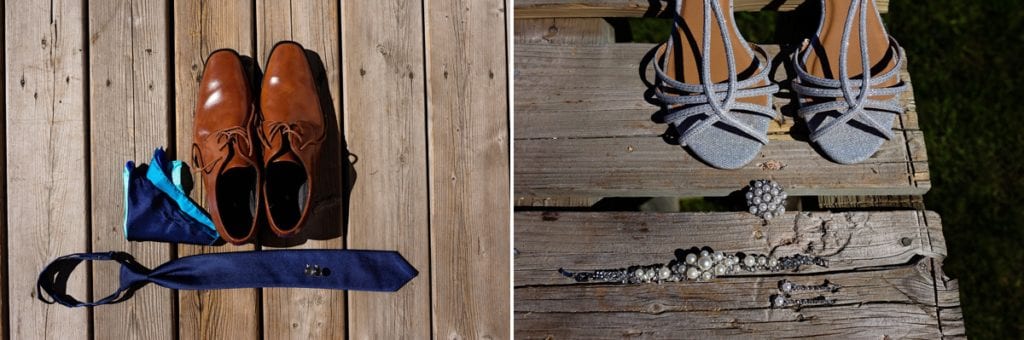 blue tie and brown shoes for groom silver sequin sandals for bride