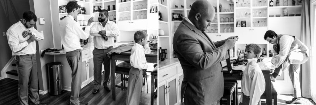 Groom gets ready in kitchen and puts on suspenders