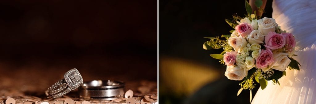 Cornwall wedding rings on champagne gold sequins and flowers from Blooms