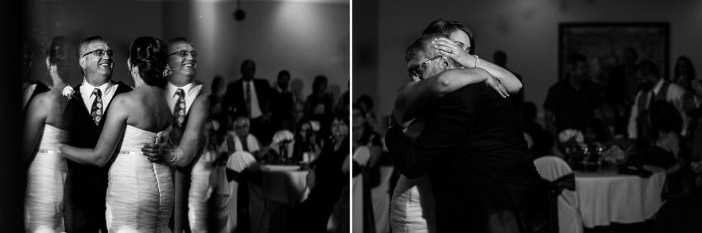 bride dances and hugs father during Cornwall evening wedding