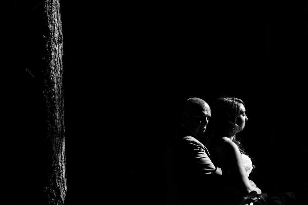Groom hugs bride in bright forest sunlight