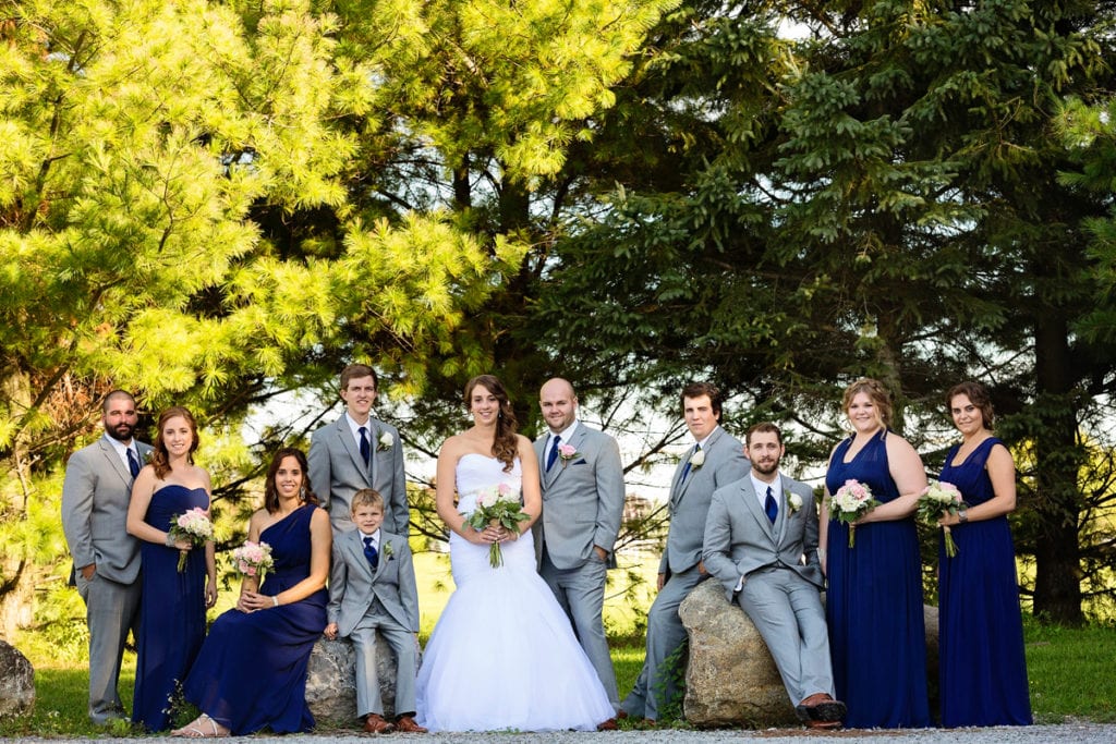 Cornwall wedding party standing around rocks in front of pines