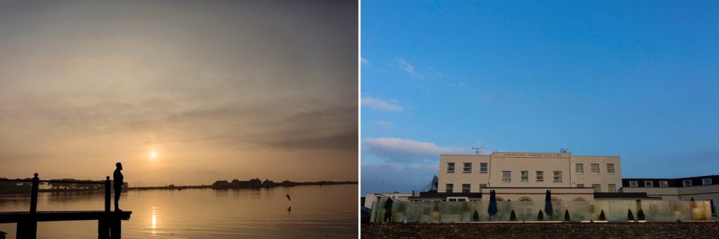 Man stands on dock looking at mist over the water and late dawn breaking at Christchurch Harbour Hotel & Spa