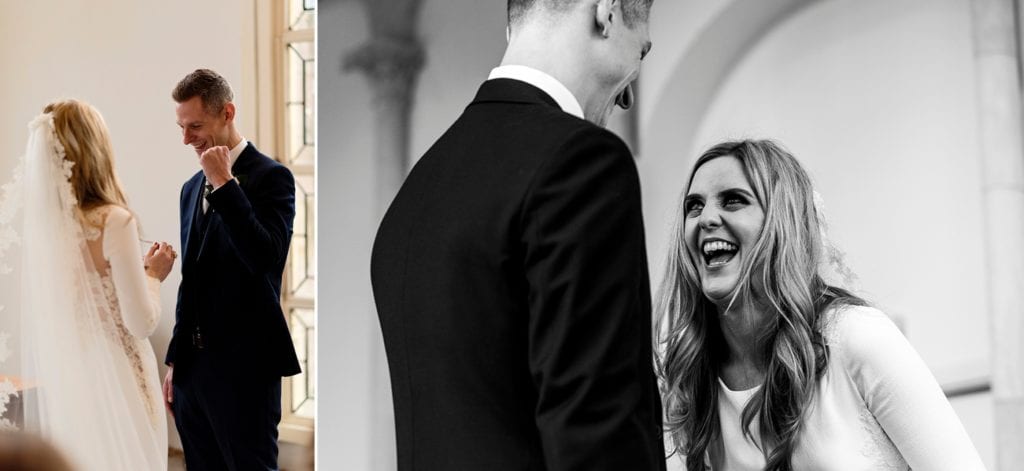 Groom celebrates ring exchange and bride laughs with groom during chic New Forest wedding ceremony at Highcliffe Castle