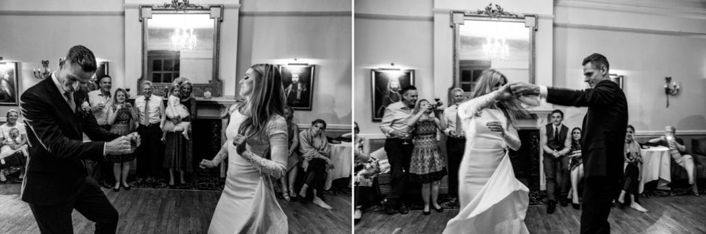 Bride and groom share modern first dance during reception at Rhinefield House