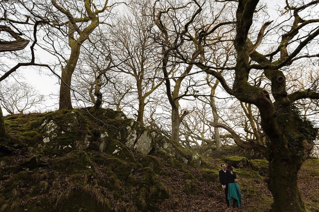 man holds wife while standing under scraggly trees during Snowdonia portrait session