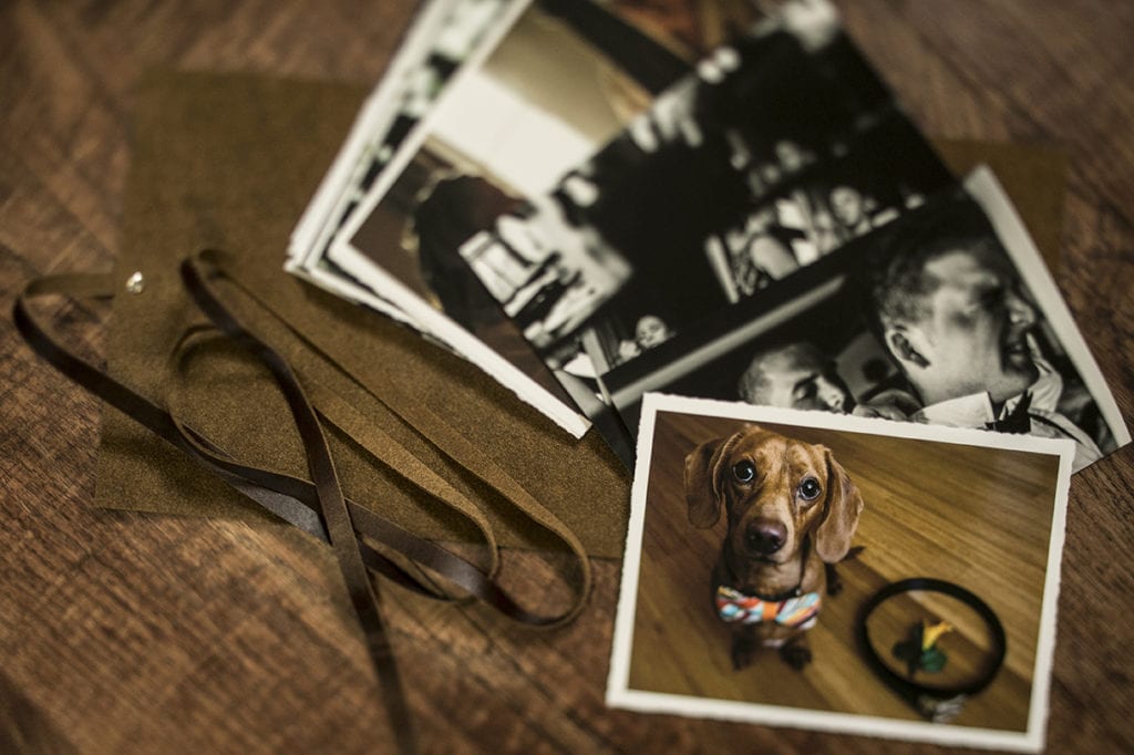 modern Ontario wedding photos featuring weiner dog in bow tie printed on hand-torn matte paper