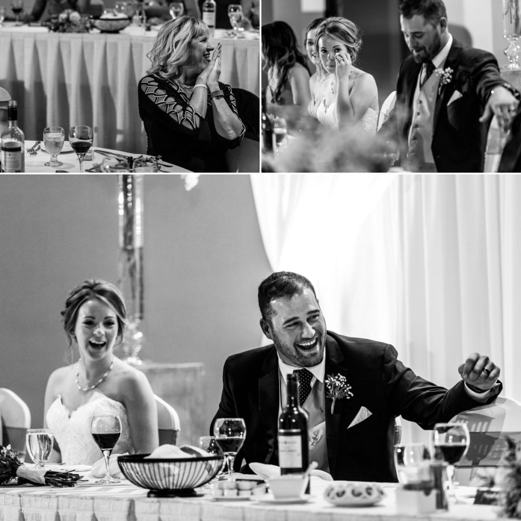 photo collage of guest listening to speeches, bride crying and groom laughing during Autumnal NAV Centre Cornwall Wedding