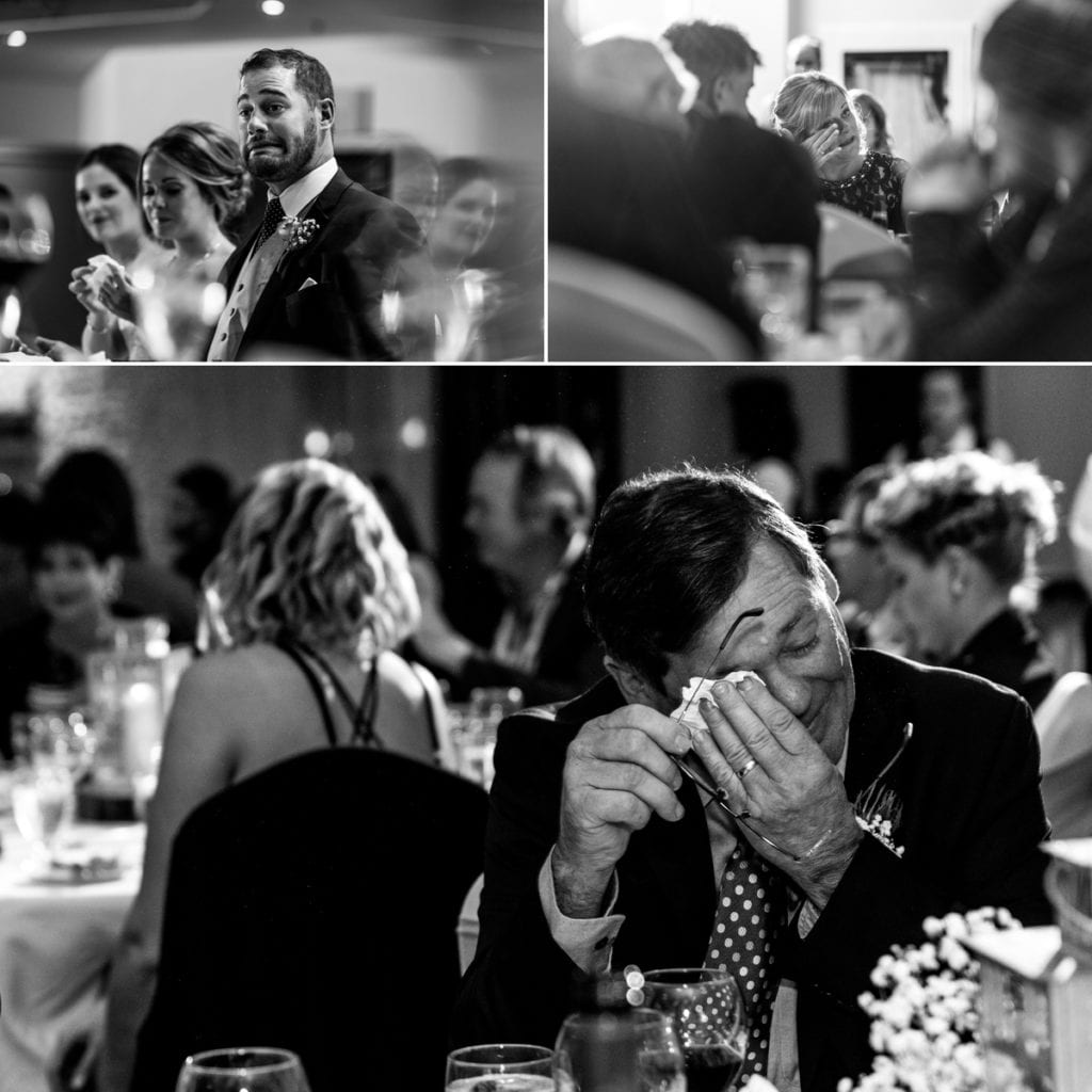 Collage of mother crying, father crying and groom cringing during speeches