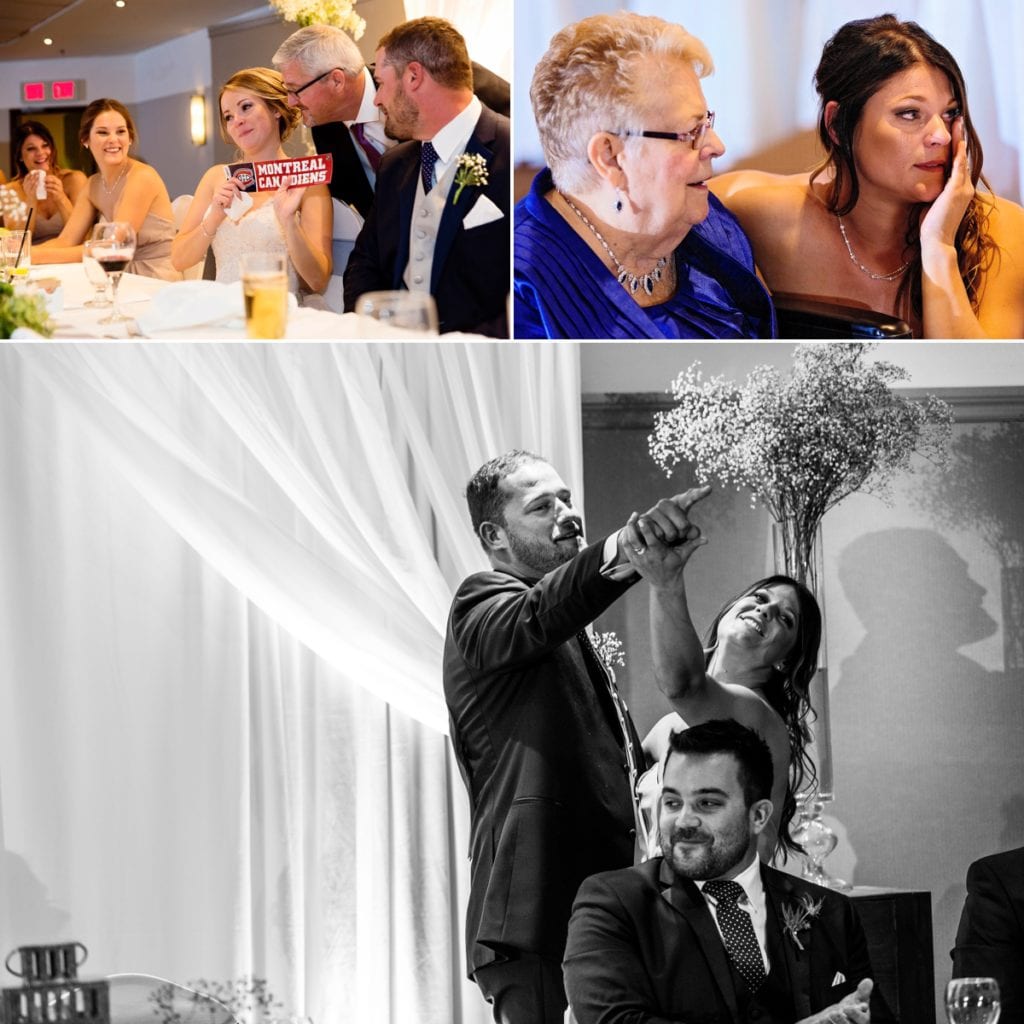 photo collage of bride with Montreal Canadiens sticker, woman with grandmother, groom and sister dancing on stage during Autumnal NAV Centre Cornwall Wedding reception