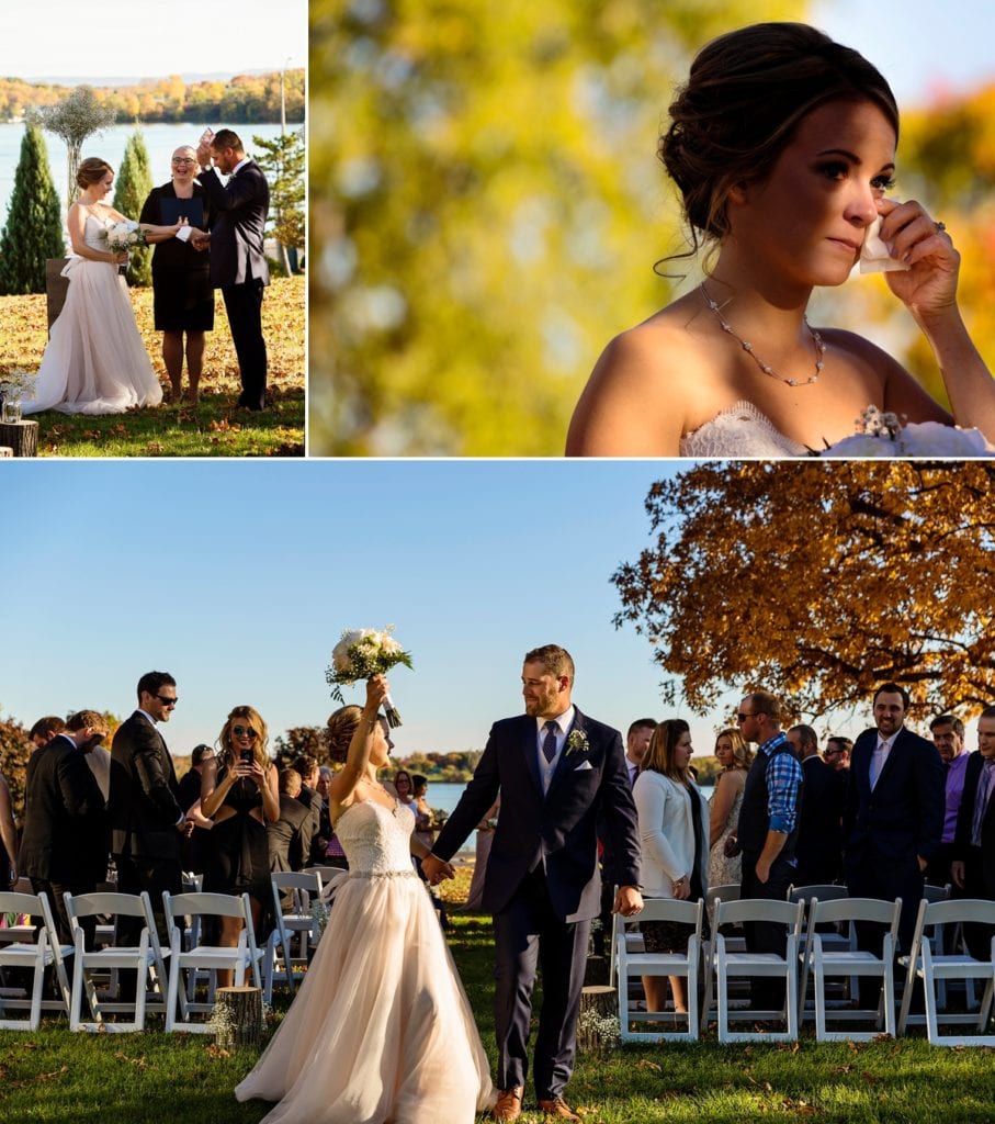 photo collage of groom producing tissues, bride wiping eye and bride celebrating after ceremony during Autumnal NAV Centre Cornwall Wedding