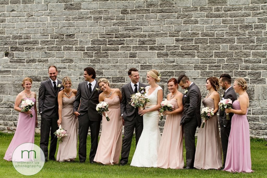 wedding party laughs during casual Ontario & Quebec Wedding Photography portraits