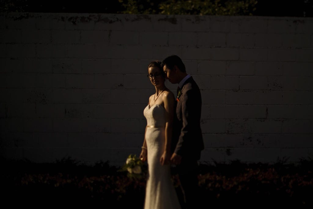 bride and groom in profile with brick wall background in intimate ottawa park wedding