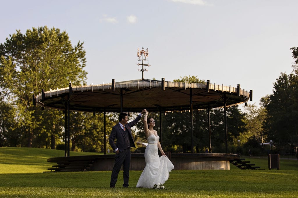 wedding couple dancing in front of gazebo during intimate Ottawa park wedding