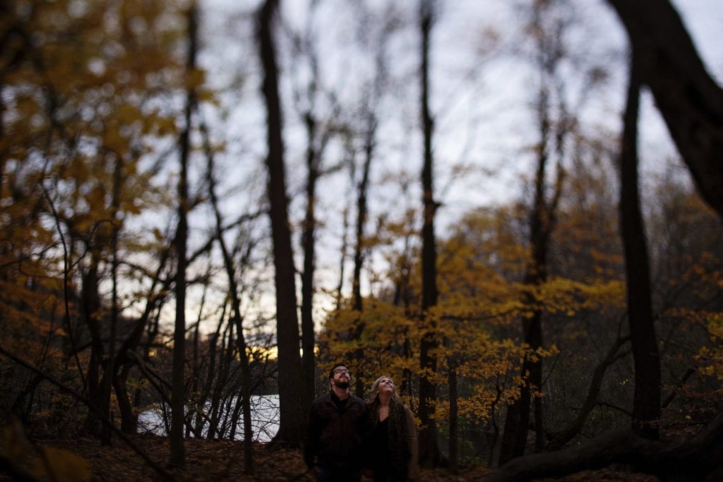 couple gazing upwards in fall forest at sunset during Williamstown Engagement Session