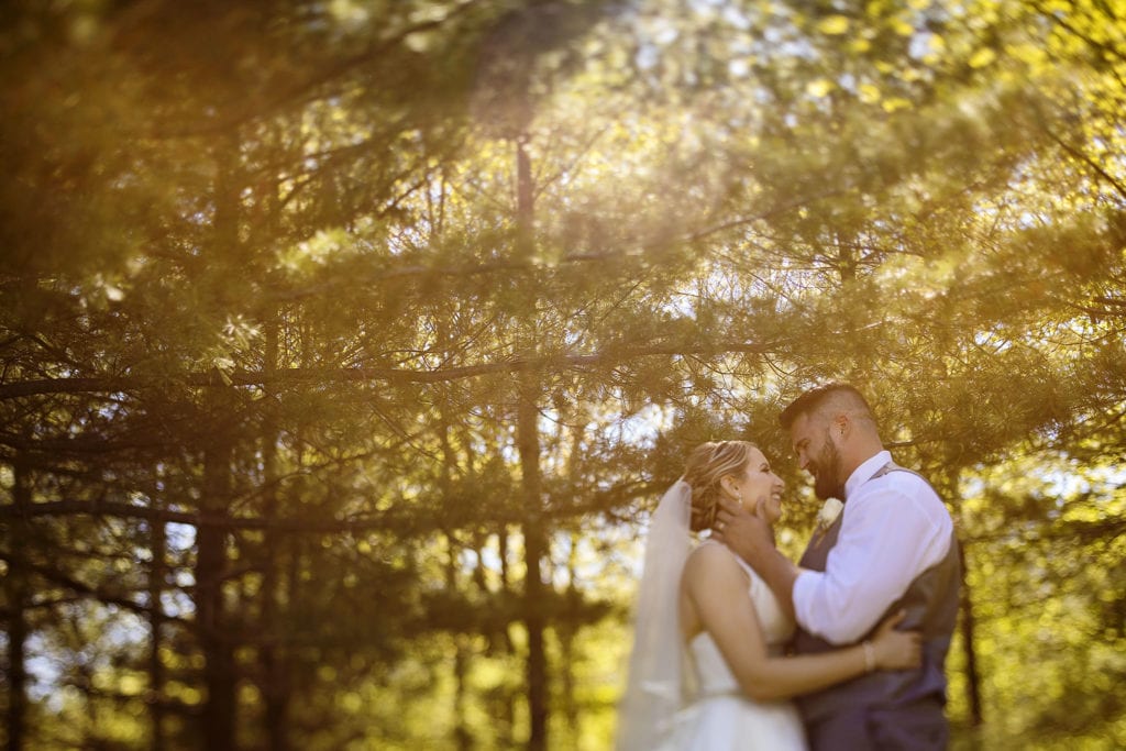 groom smiles at bride while touching her face in front of pine trees during Rockland wedding celebration