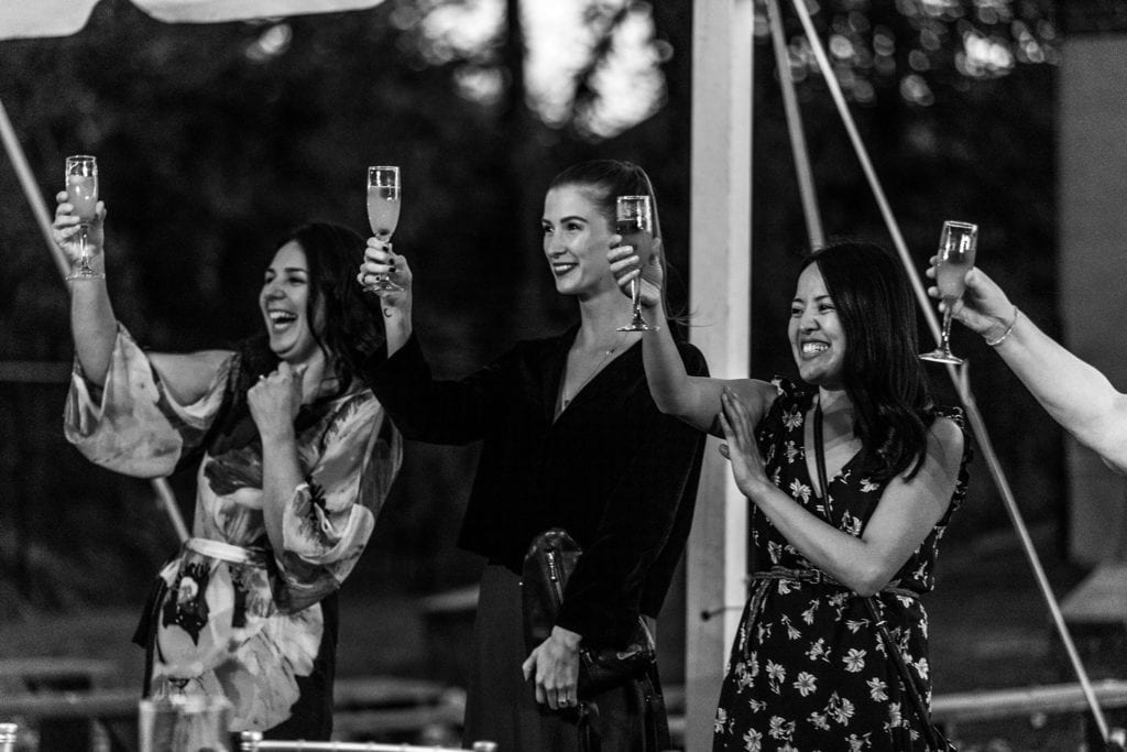 three guests raise glasses for toast