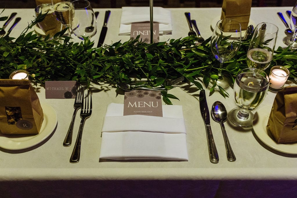 table setting in Hart House Toronto wedding ballroom