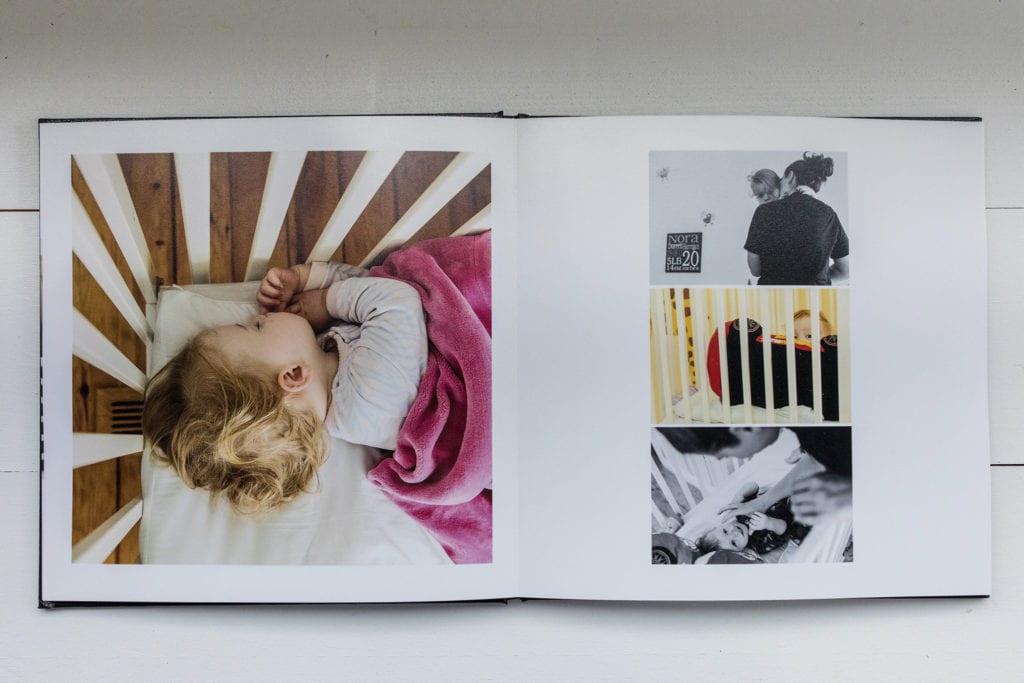documentary family photography album pages featuring twins as they wake up in morning in cribs