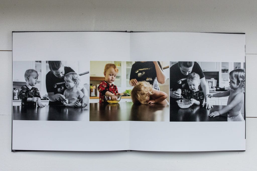 documentary family photography album pages featuring twins trying to beat eggs with mom