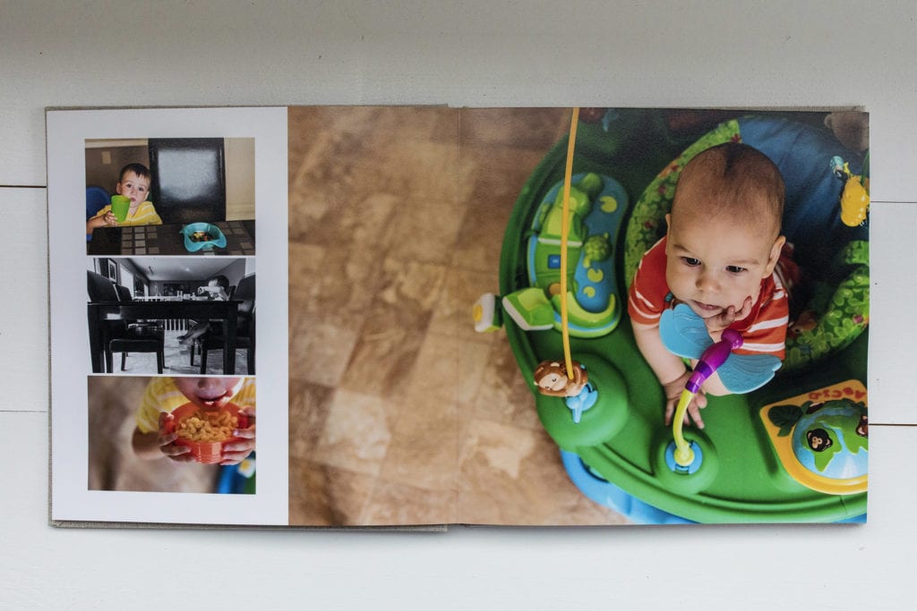 documentary family photography album pages featuring baby in chair and boy eating cereal