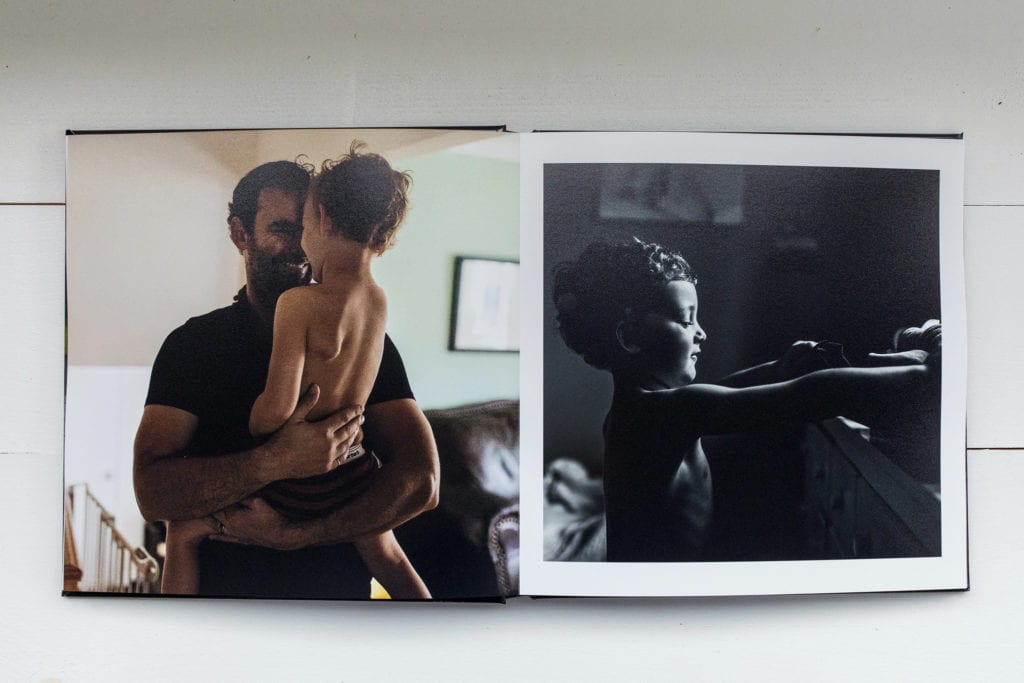 documentary family photography album pages featuring naked boy in morning with dad