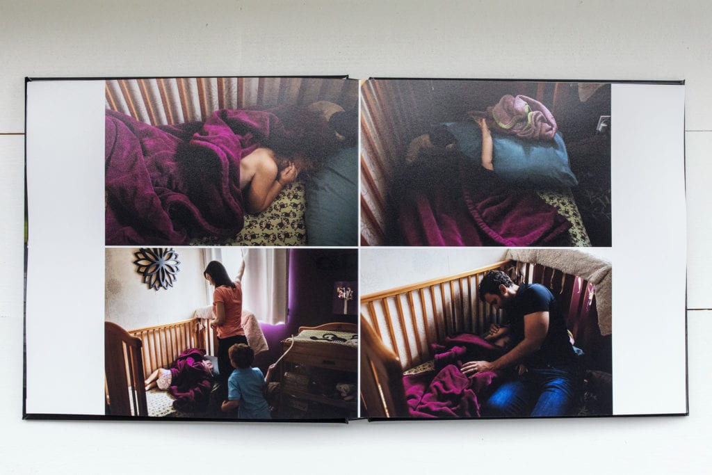 documentary family photography album pages featuring little girl being woken up by family