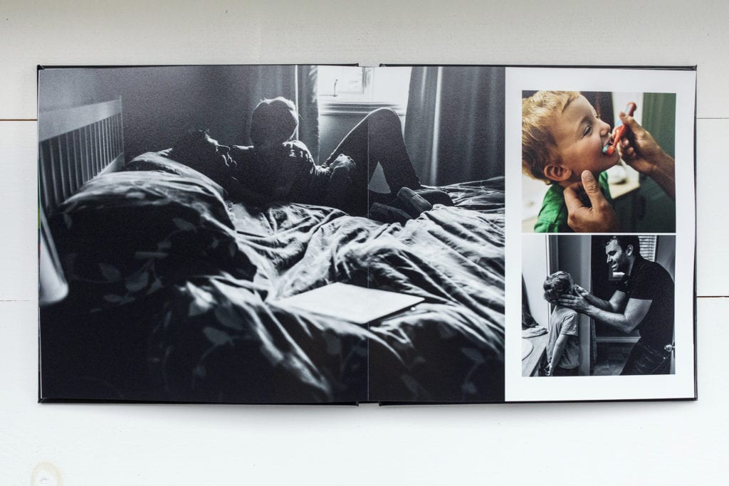 documentary family photography album pages featuring boy doing morning routine and cuddling with dad