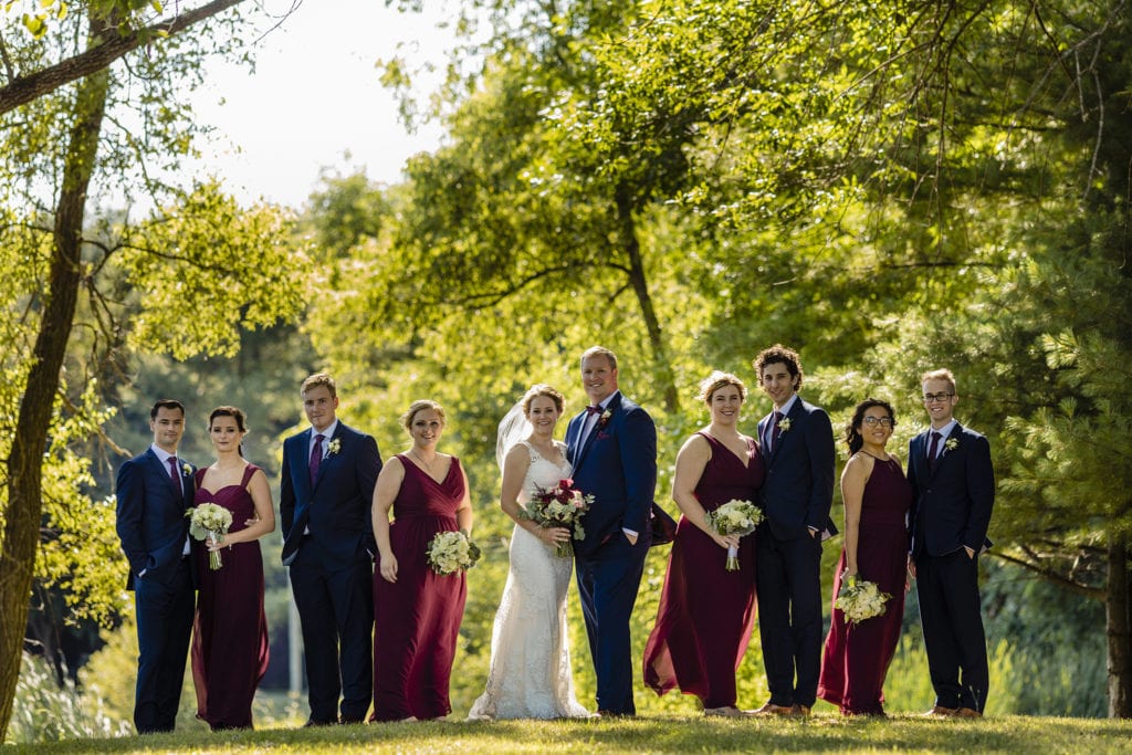 wedding party in royal blue and marsala