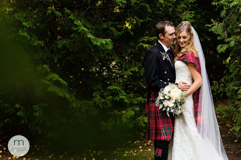 bride and groom in trees