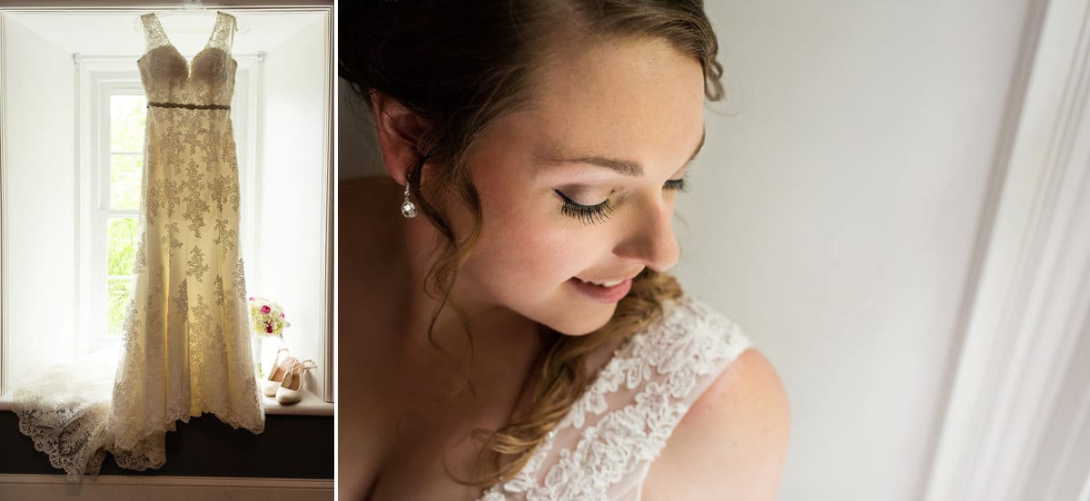 Bride looking down at shoulder and full length shot of wedding dress