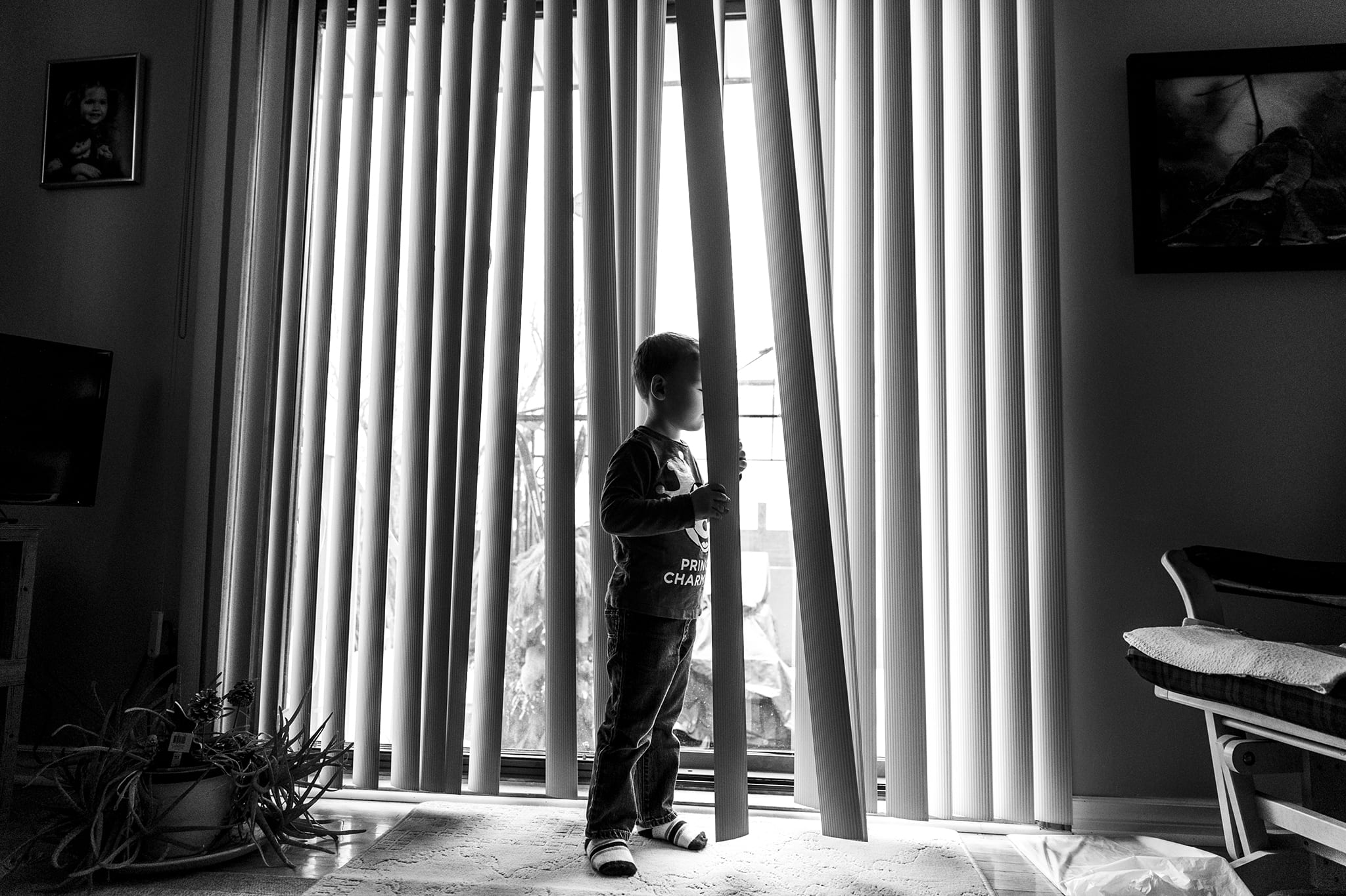 boy stands between vertical blinds during Ontario Family Photojournalism session