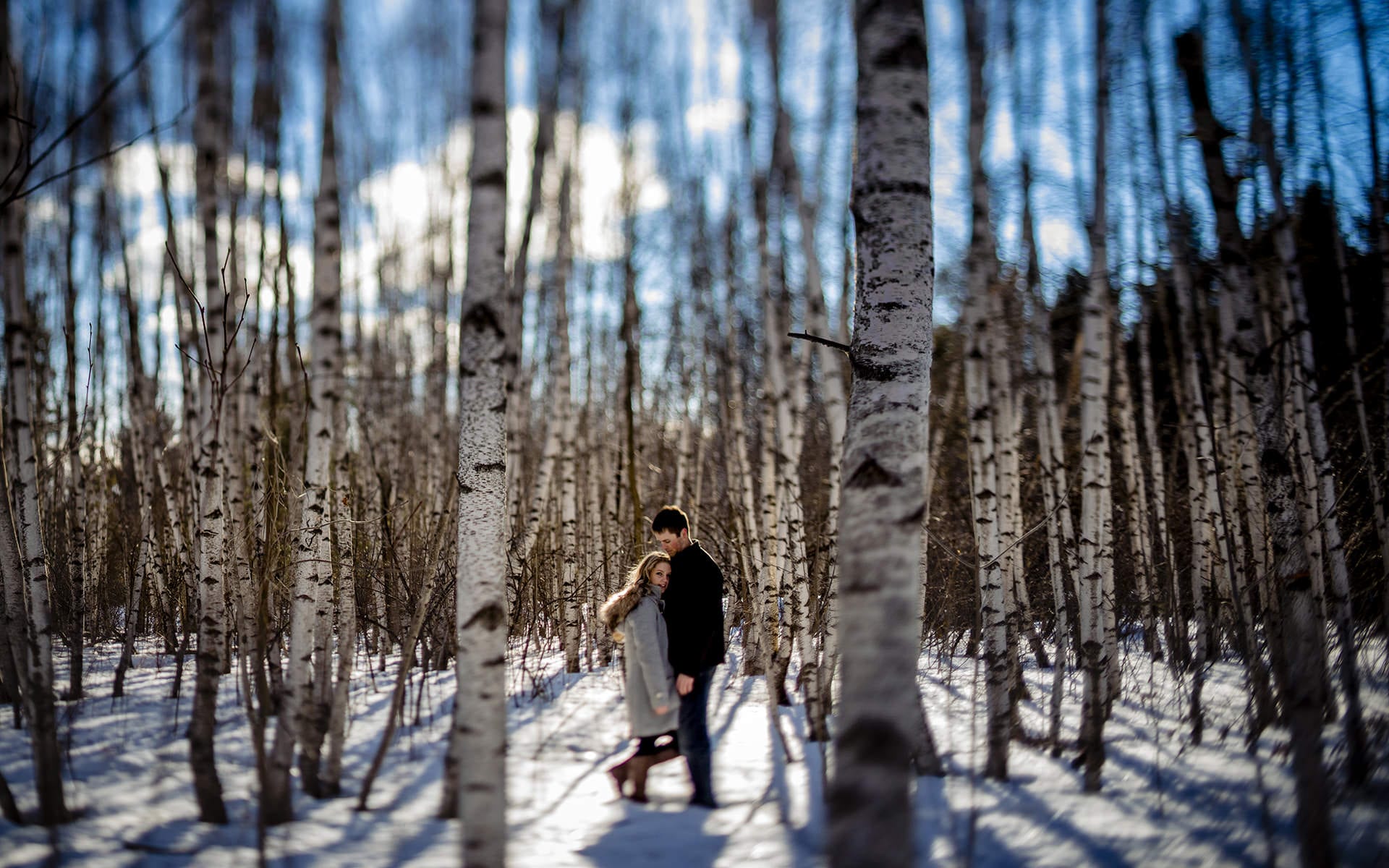 a couple embracing in a snowy forest