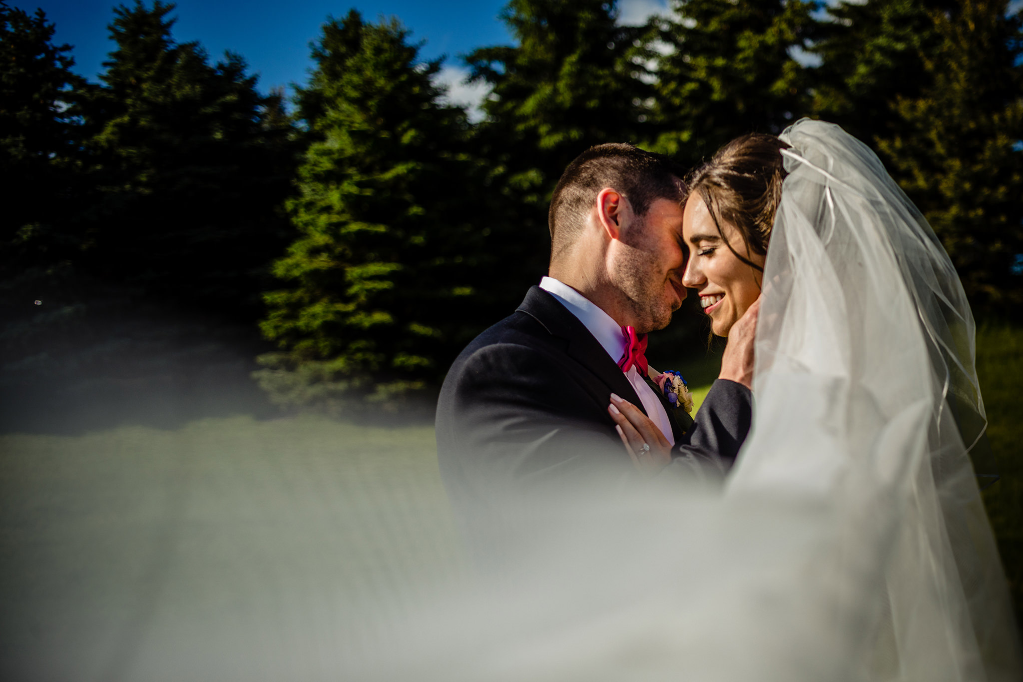 Bride and groom embrace in park while bridal veil sweeps across them