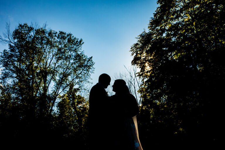 bride and groom in silhouette against blue sky and treeline