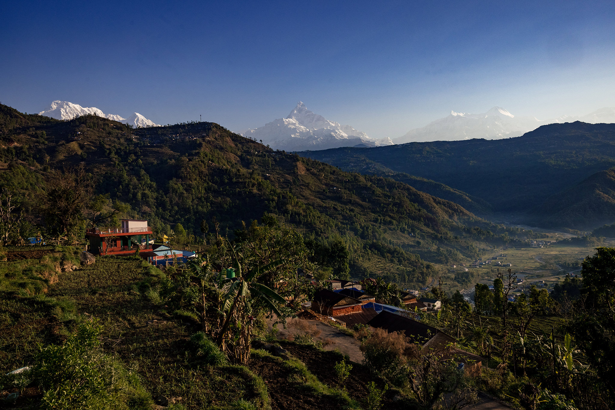 Himalayan view from barang village community homestay in rural nepal